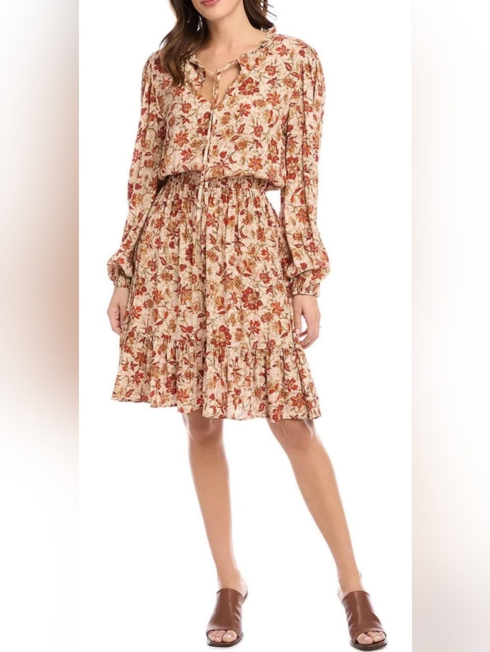 NWOT! Karen Kane Fall Floral Blouson Boho Sandstone Viscose Midi Dress Small